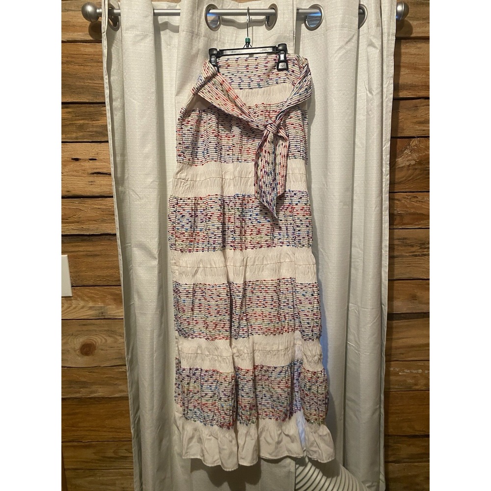 Zara‎ Skirt Womens S White Multicolor Boho Embroidered Striped Tie Front